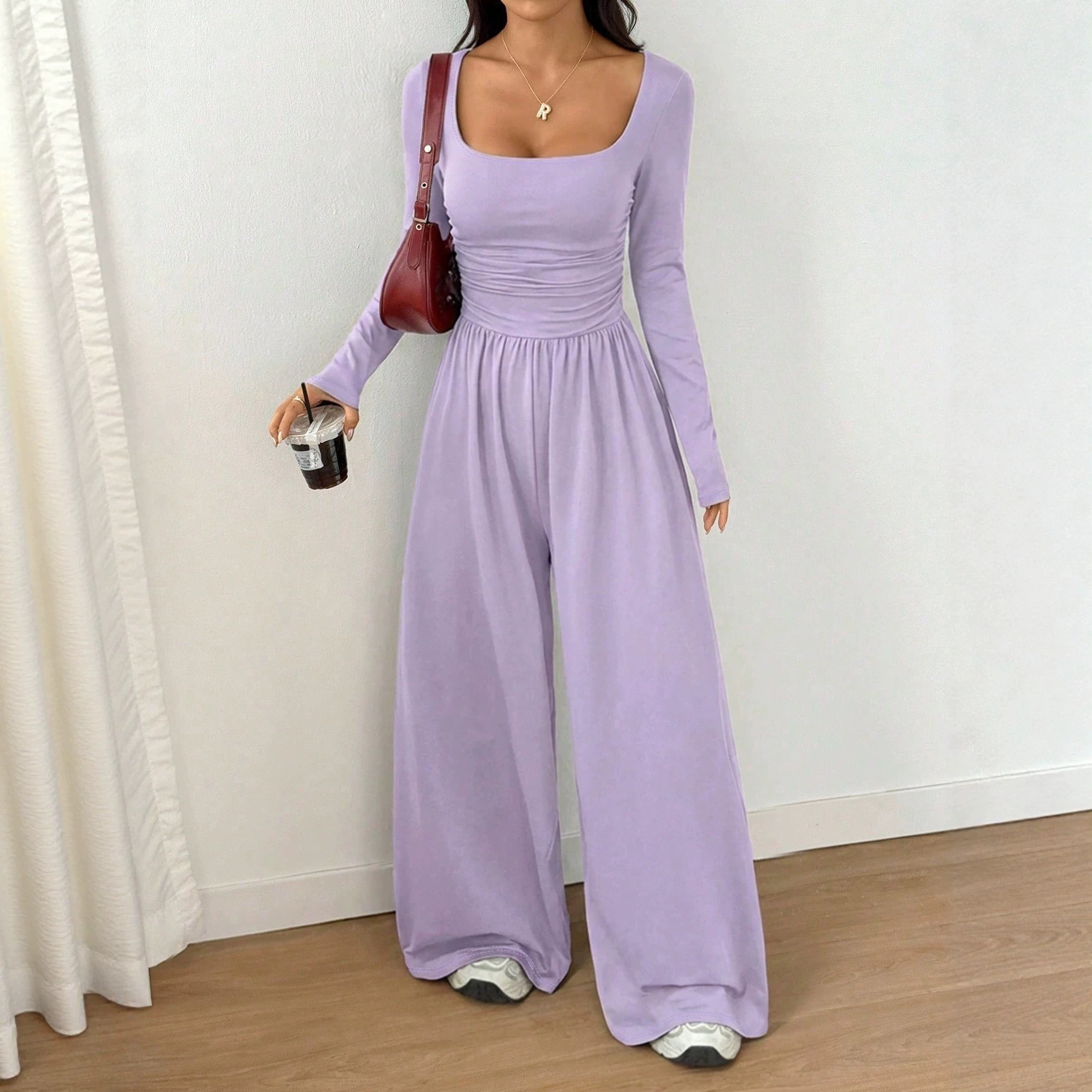 U-Neck Long-Sleeve Slimming Wide-Leg Jumpsuit