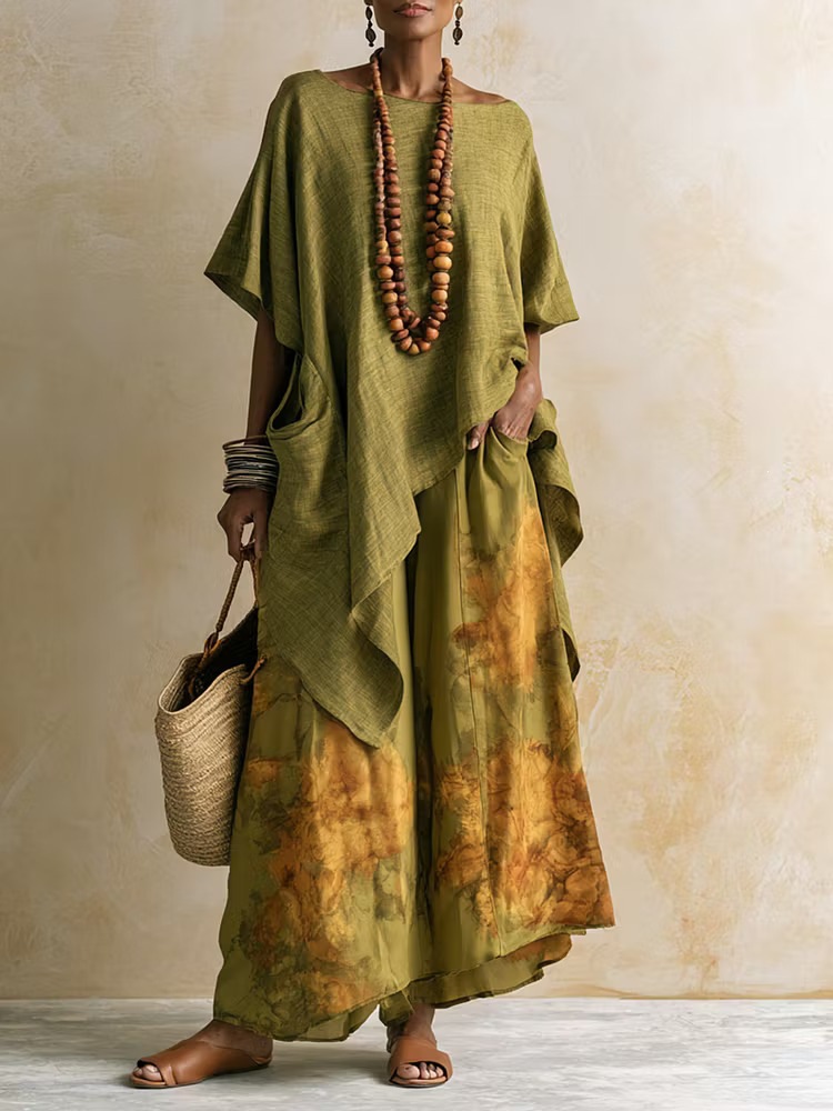 Women's Printed Linen Two-Piece Set with Loose Wide-Leg Pants