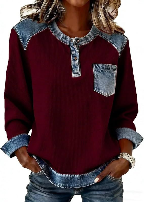 Faux Denim Patchwork Button Pocket Long Sleeve Crewneck Top
