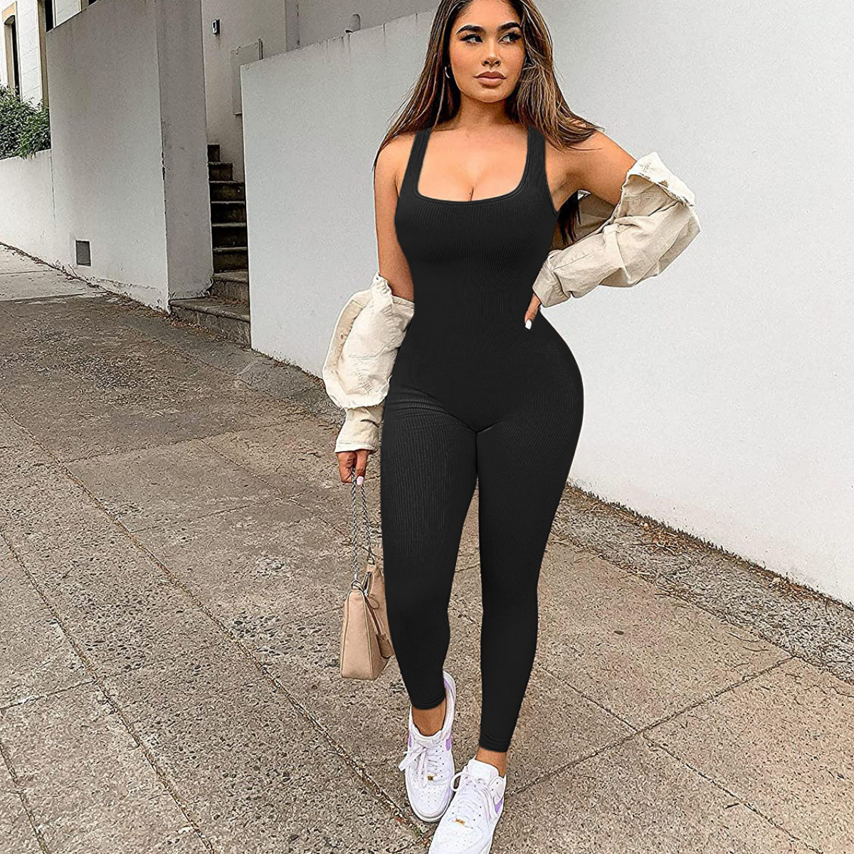 Ribbed Sleeveless Cami Bodysuit Jumpsuit for Yoga and Fitness