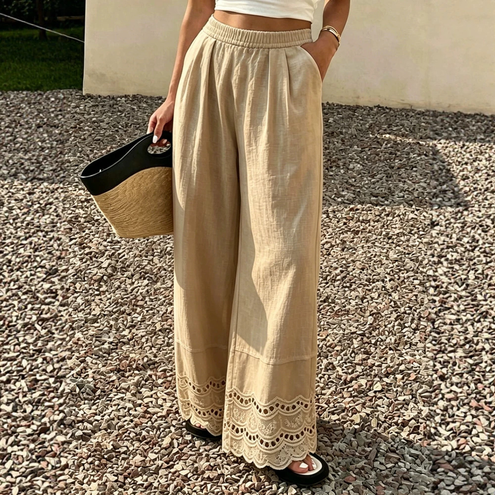 Women's Solid Lace Trim Cotton Linen Wide Leg Pants