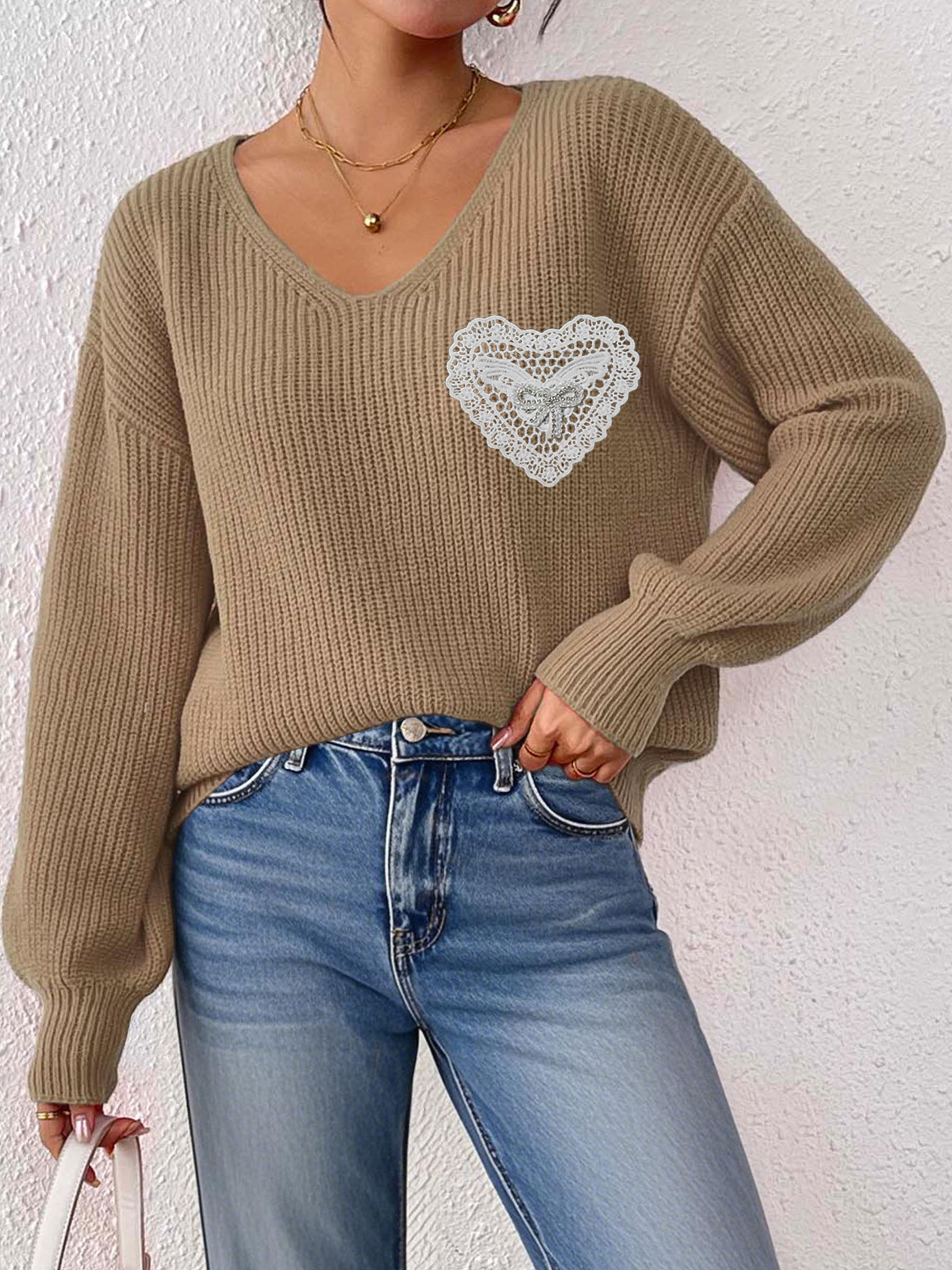 V-Neck Lace Rhinestone Bow Pocket Pullover Sweater