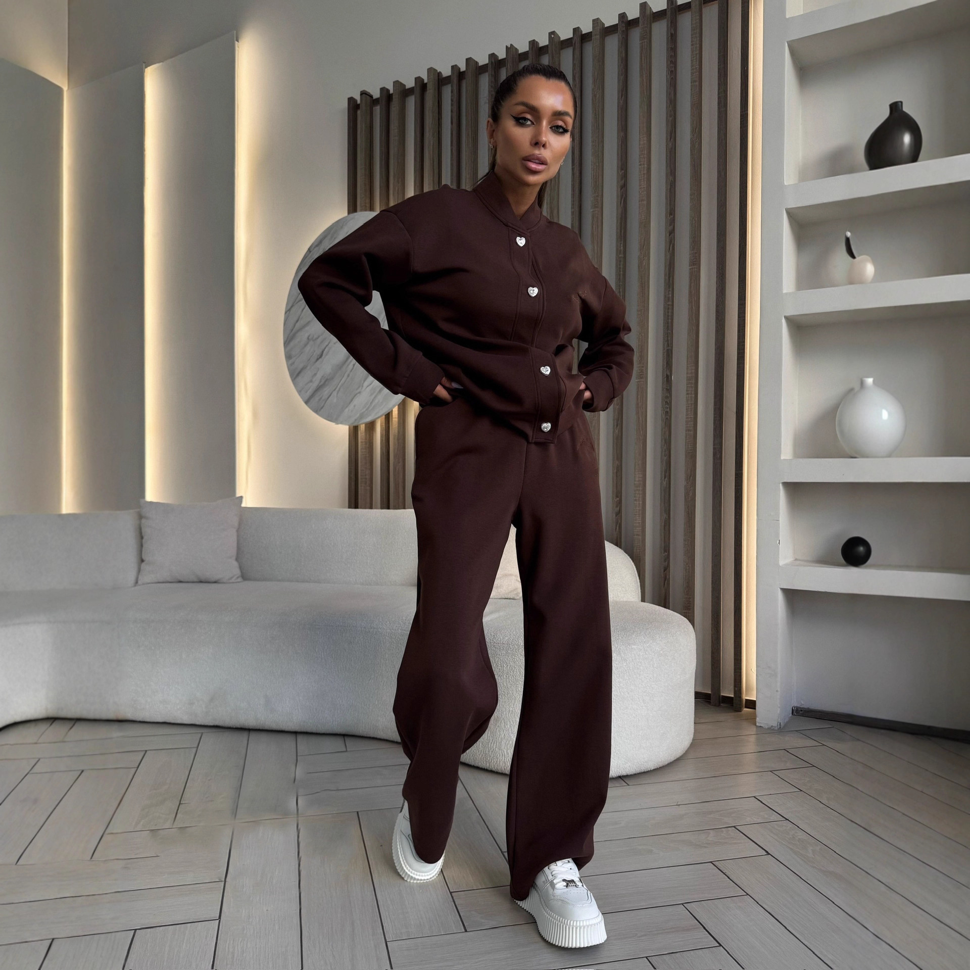 Women's Casual Two-Piece Set Button-Front Cardigan & Elastic Waist Wide-Leg Pants