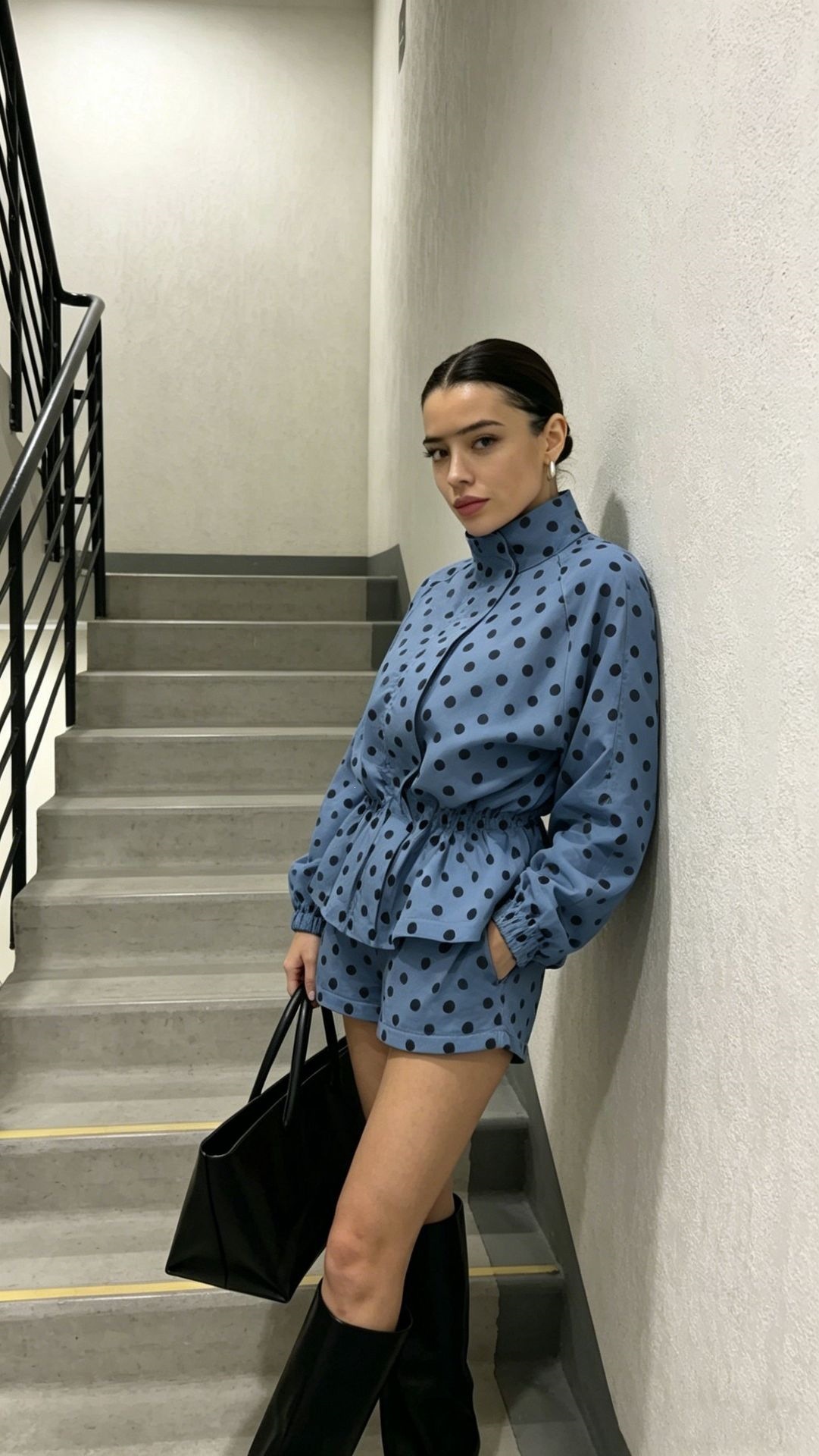 Polka Dot Long-Sleeve Jacket and High-Waist Shorts Set