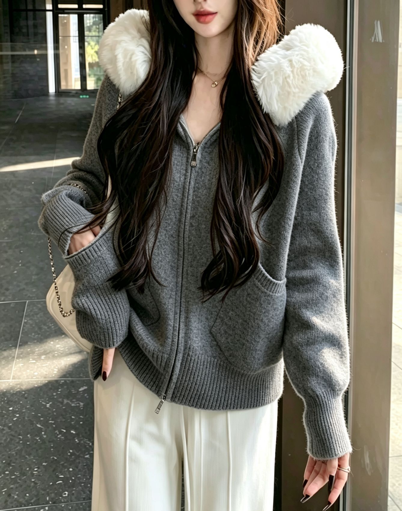 Women's Faux Fur Trim Hooded Zip Knit Cardigan Solid Color Loose Sweater with Pockets