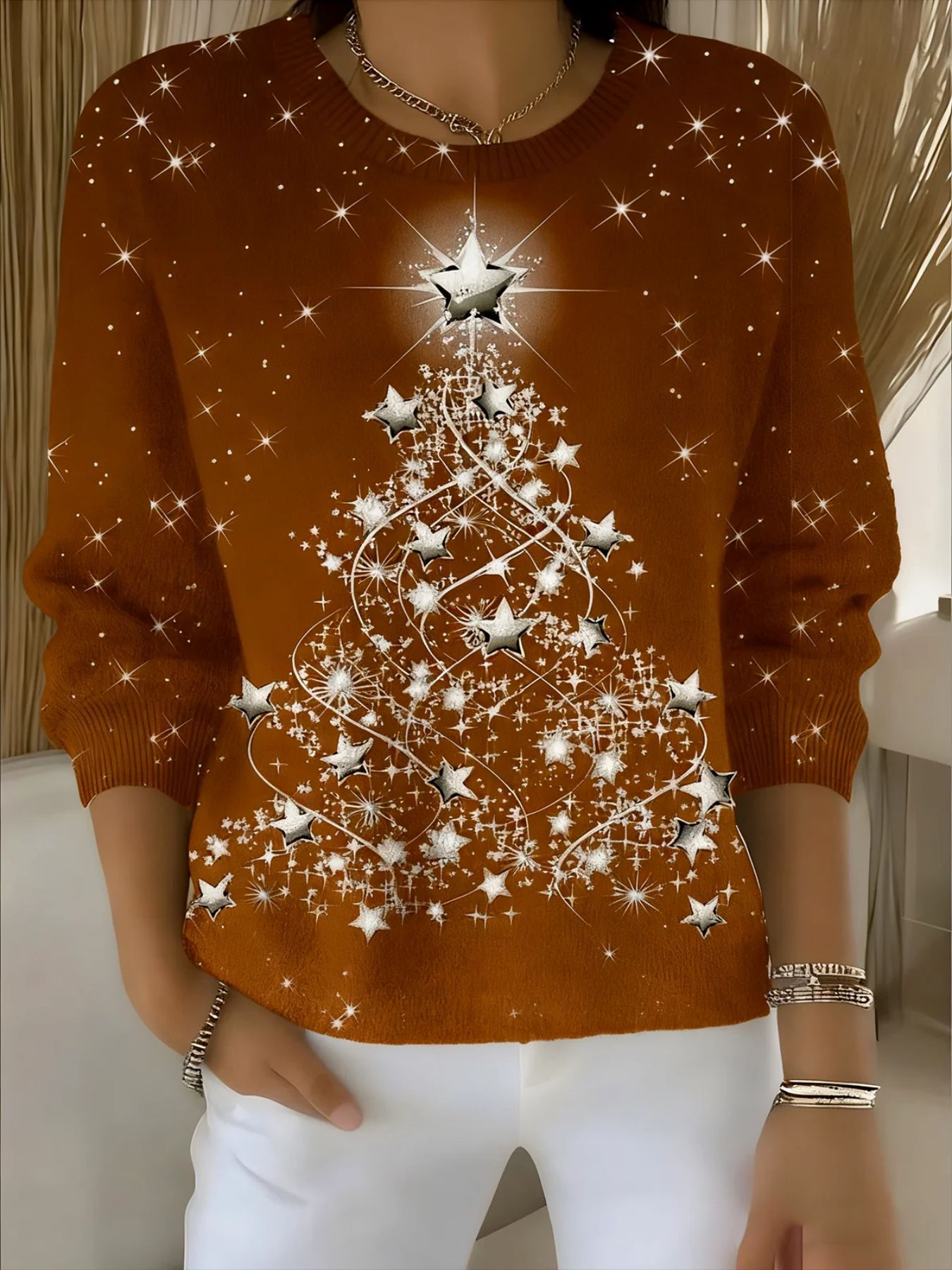 Christmas Star Tree Print Crewneck Long Sleeve Pullover Sweatshirt