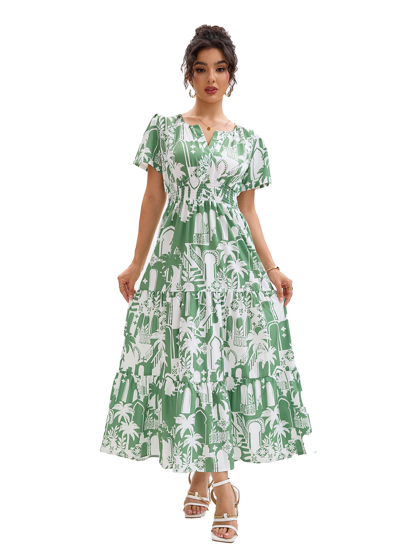 Floral Geometric Print V-Neck Bubble Sleeve Cinched Waist Layered Dress