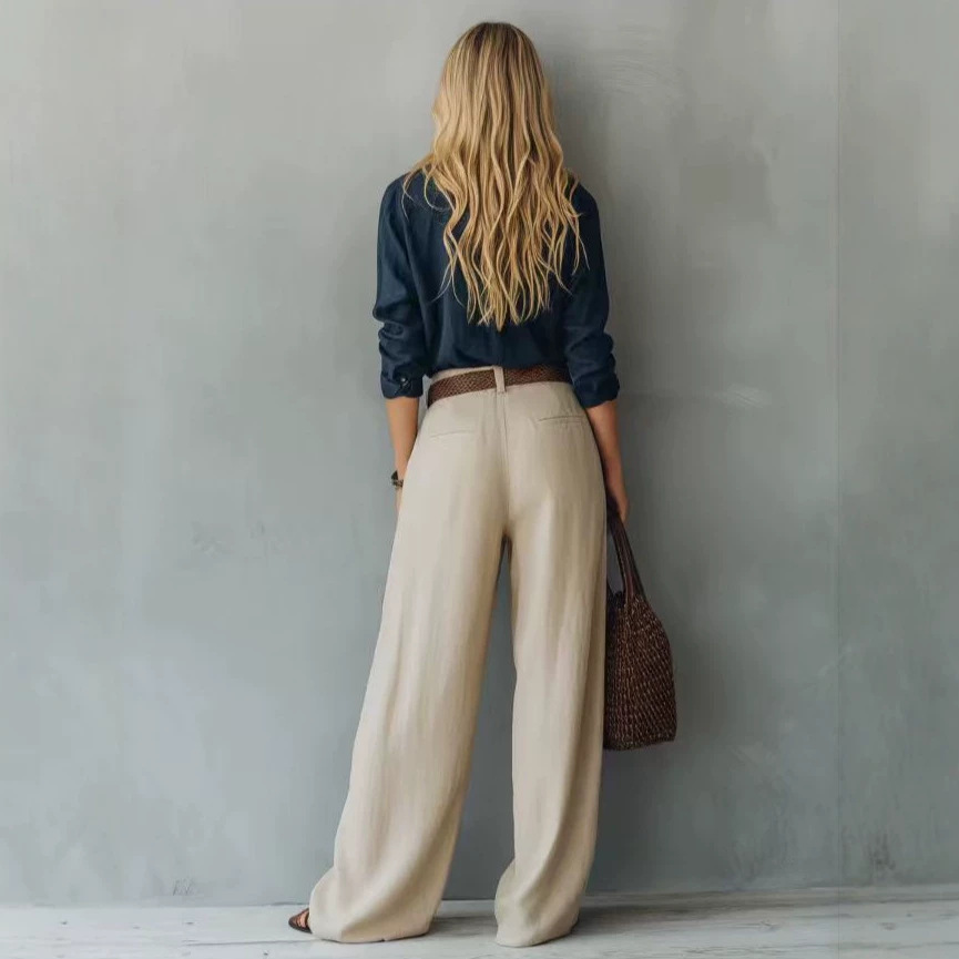 Women's Cotton-Linen Long-Sleeve Casual Pants Set with Shirt, Color-Block, No Belt