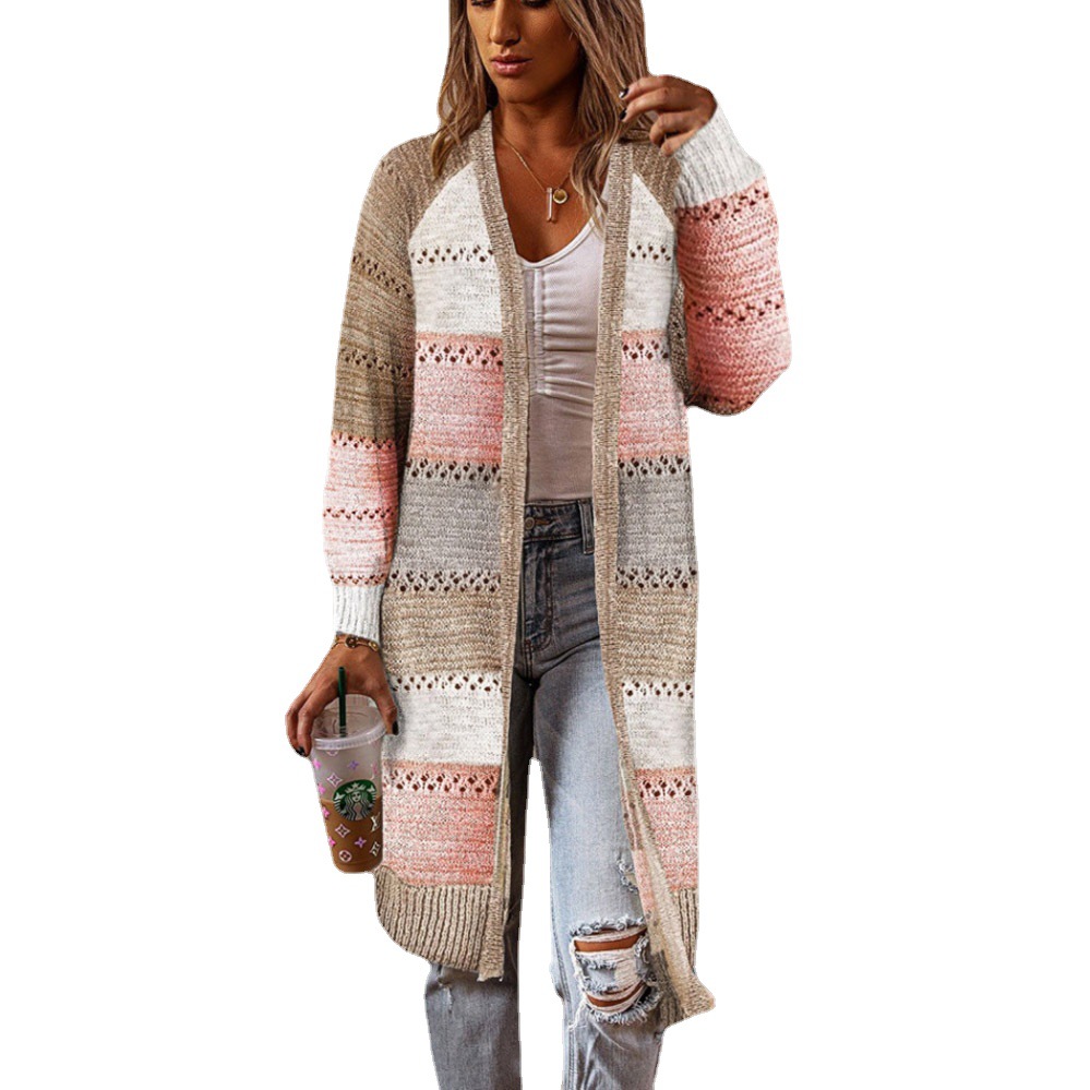 Color-Block Knit Long Cardigan Sweater Wrap