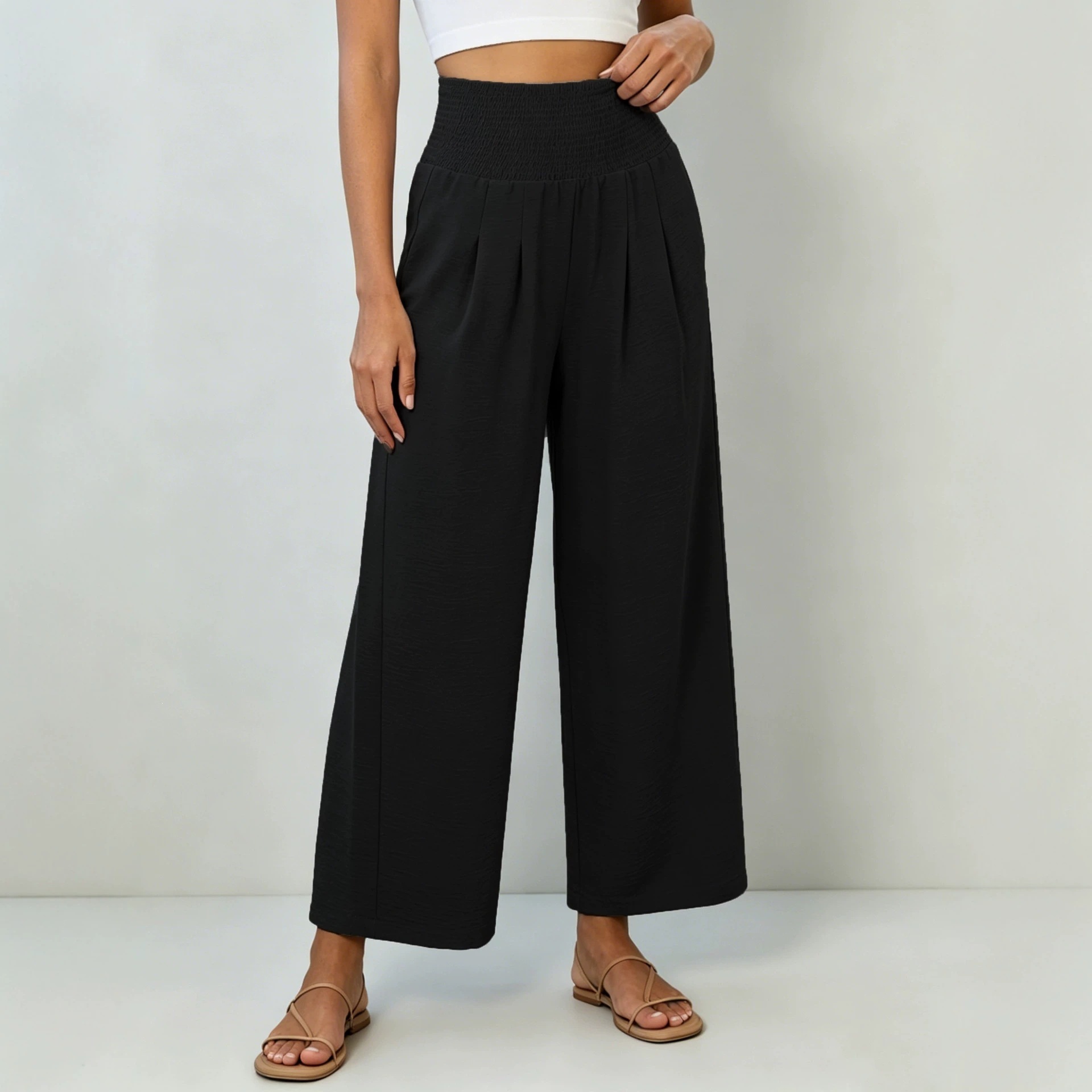 Women's High-Waist Smocked Linen-Blend Wide-Leg Cropped Pants