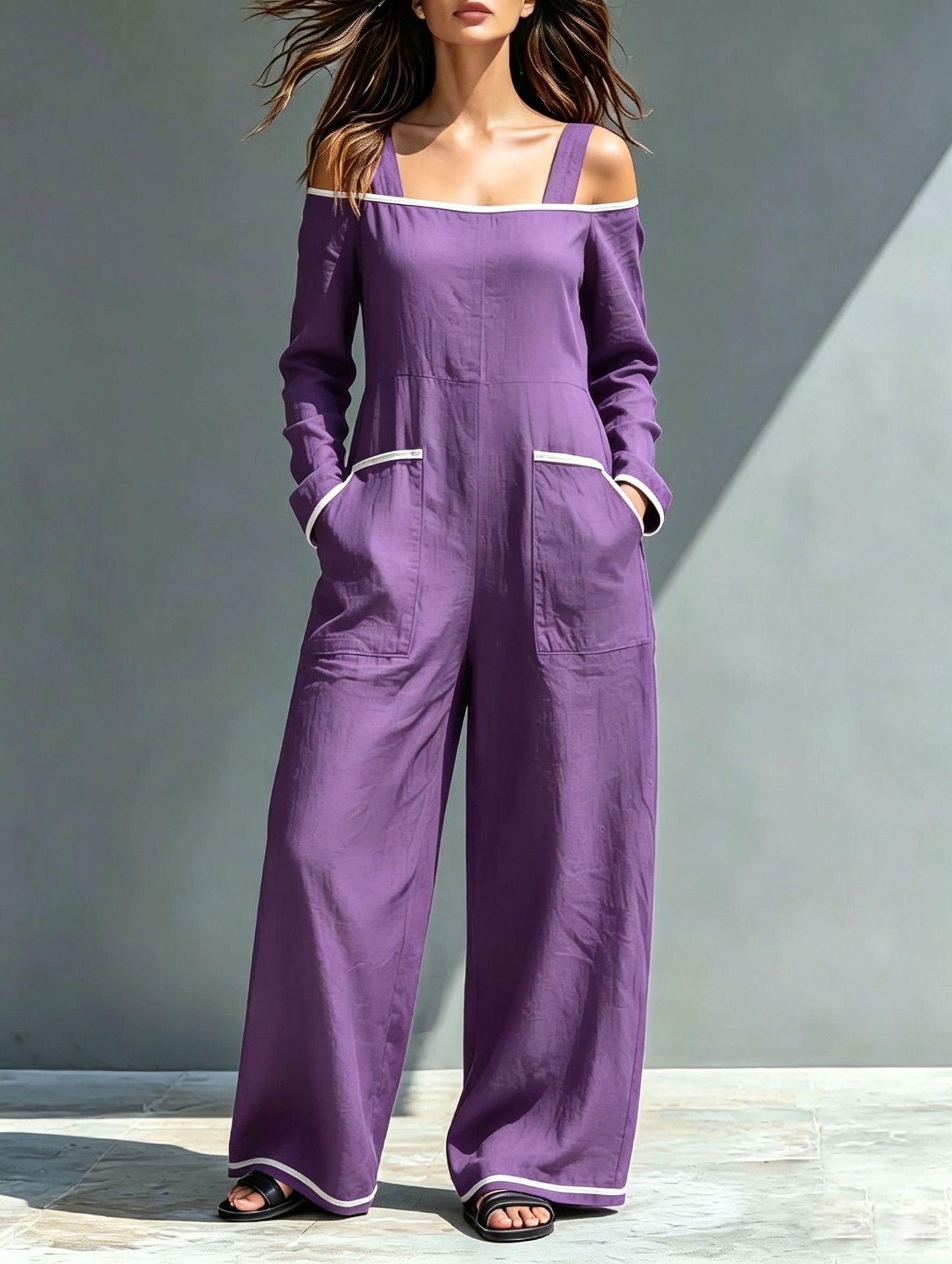 Off-Shoulder Colorblock Wide-Leg Jumpsuit with Pockets