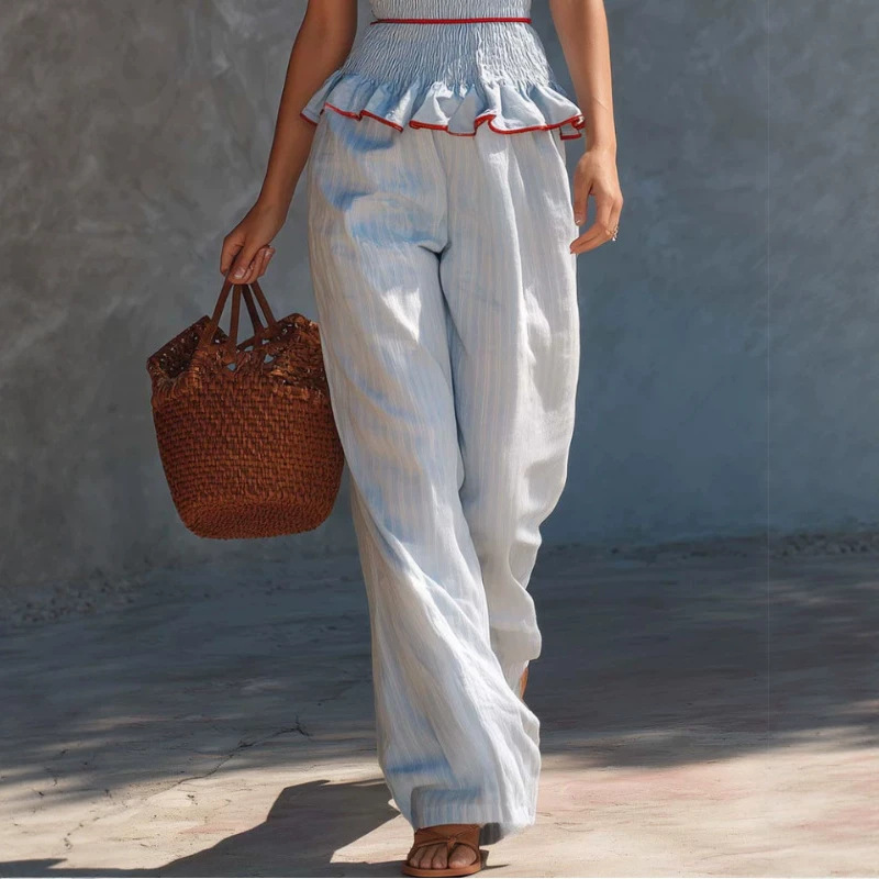 Light Blue Striped Tube Top and Pants Set
