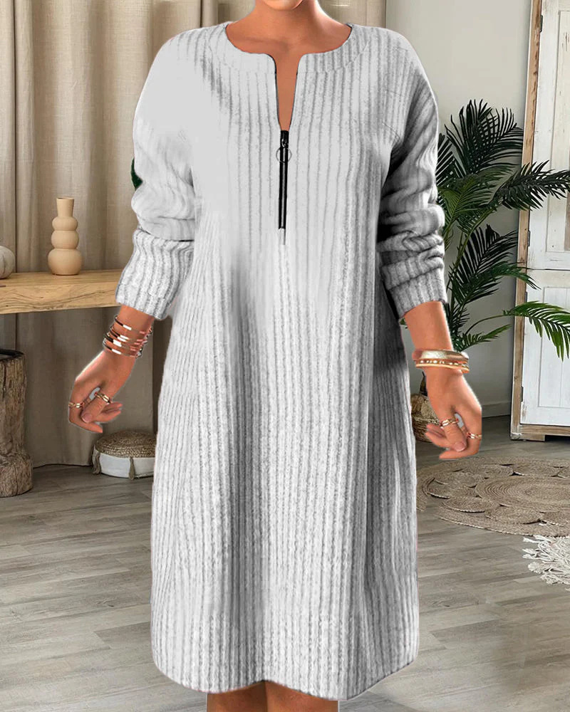 Women's Solid Color Zip-Up Long Sleeve Sweater Dress