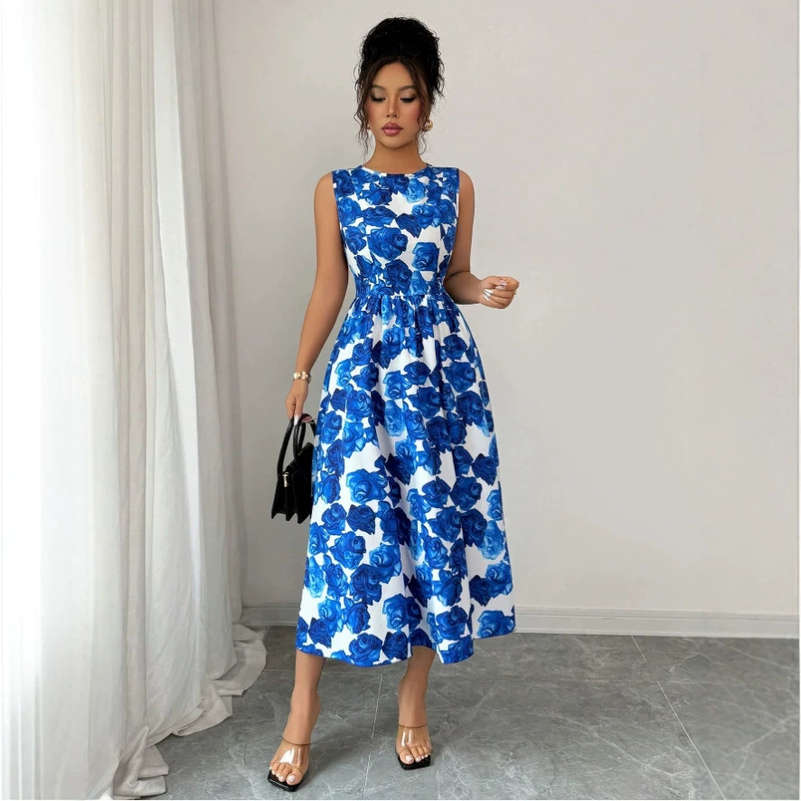 Printed Sleeveless A-Line Midi Dress