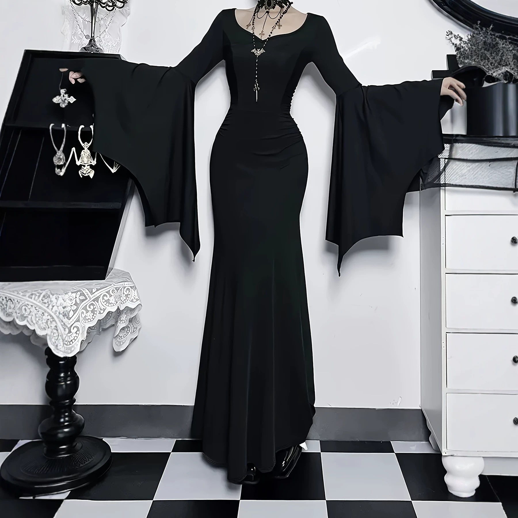 Gothic Bodycon Mermaid Dress with Batwing Sleeves