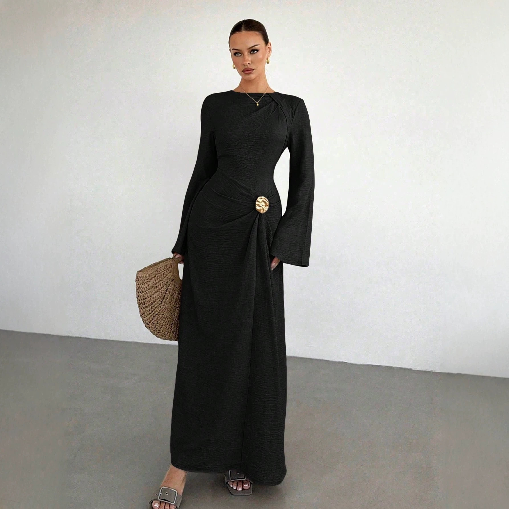 Light Luxury Crewneck Bell Sleeve Pleated Metallic Button Long Dress