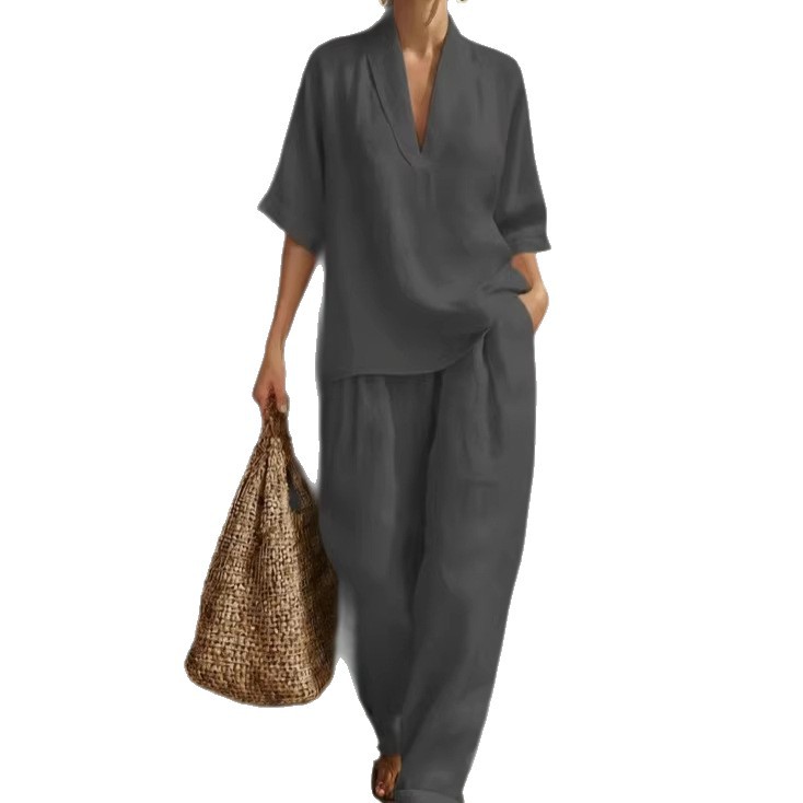 V-Neck Short Sleeve Top & Wide-Leg Pants Set Casual Solid Color