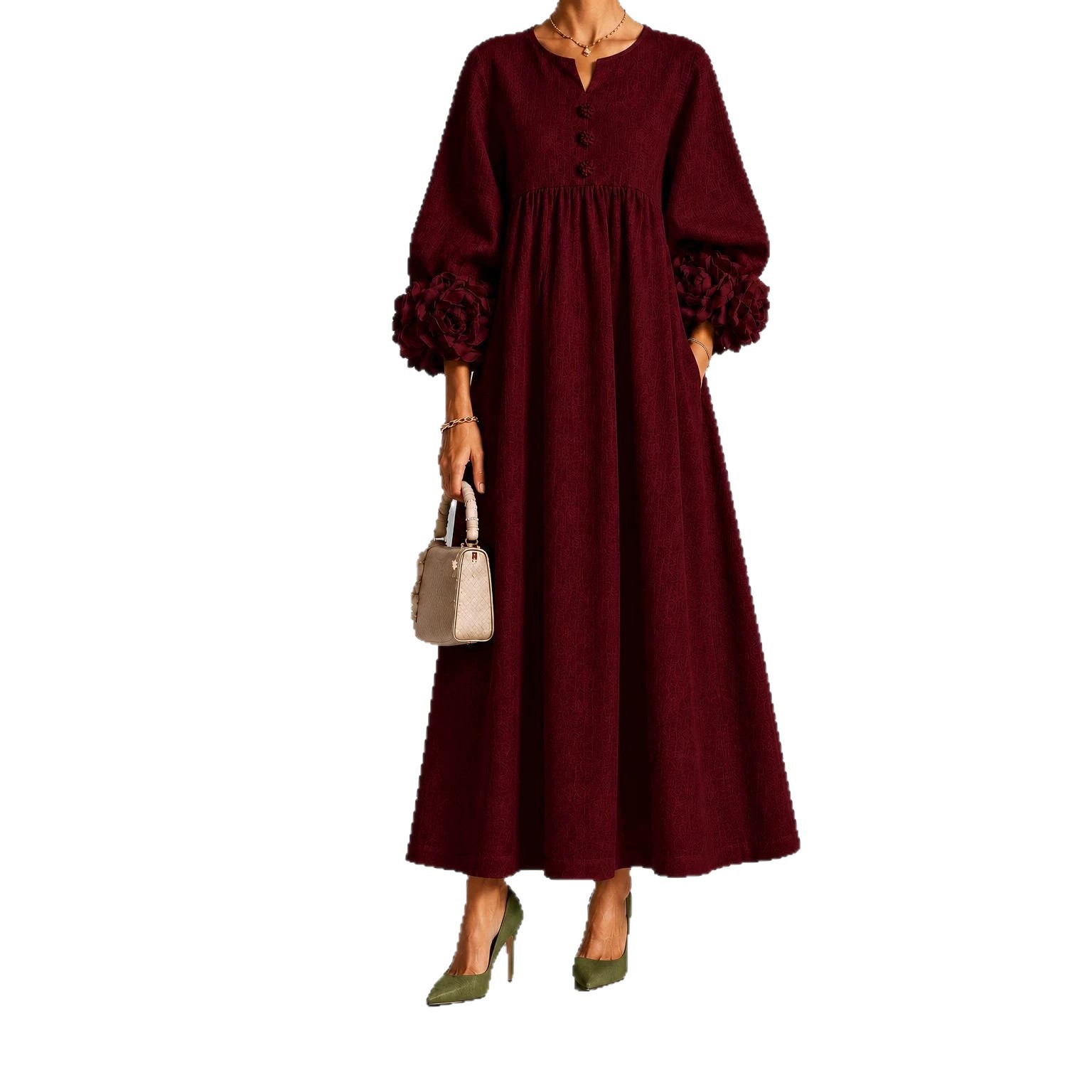 Women's Light Luxury Solid Color Dress with Floral Lantern Sleeves, V-Neck, High Waist, Pleated A-Line Long