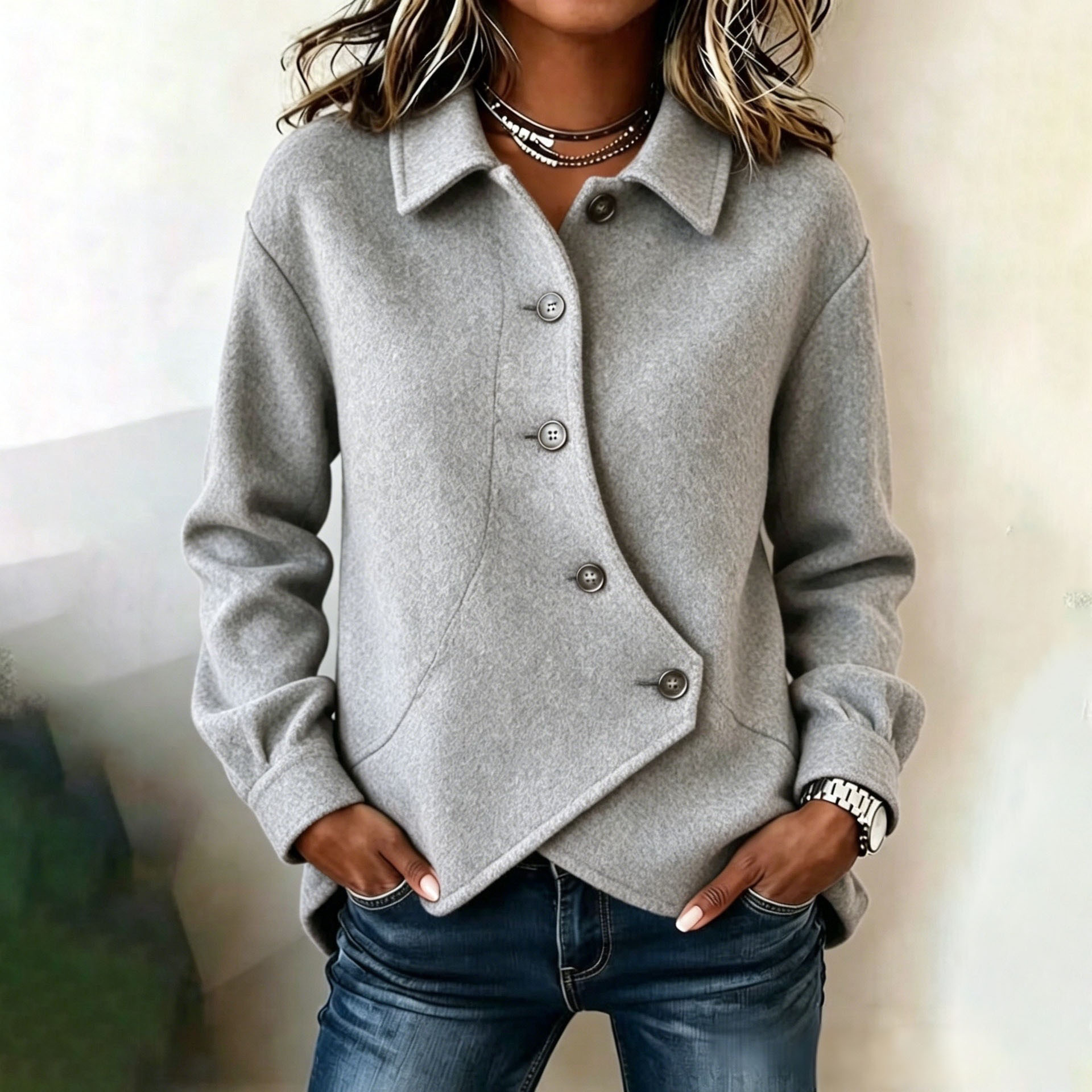 Women's Solid Color Asymmetrical Wool-Blend Coat Casual Loose Fit