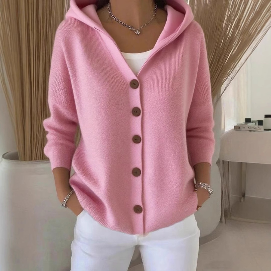 Women's Casual Loose Solid Color Long Sleeve Hooded Cardigan Knit Sweatshirt Jacket