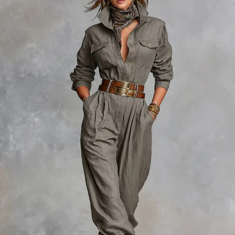 Women's Cotton-Linen Long-Sleeve Button-Detail Pocket Shirt Jumpsuit