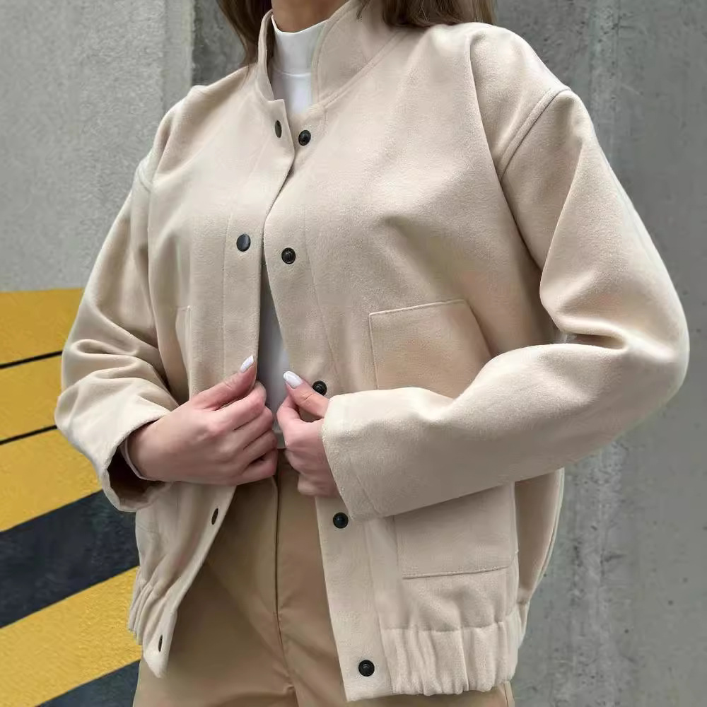 Women's Casual Stand Collar Button-Up Long Sleeve Jacket