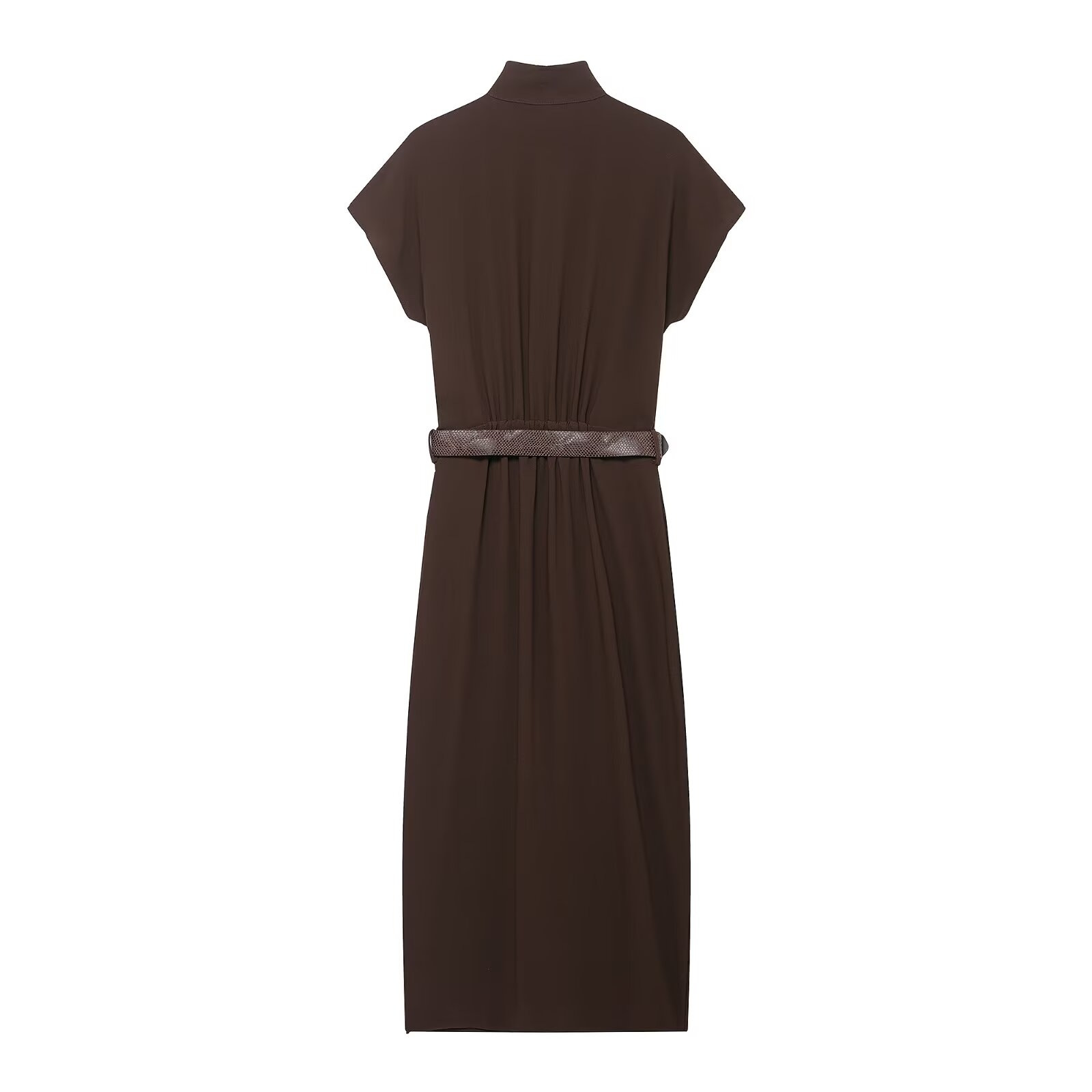 Women's Belted Midi Dress Short Sleeve High Waist Solid