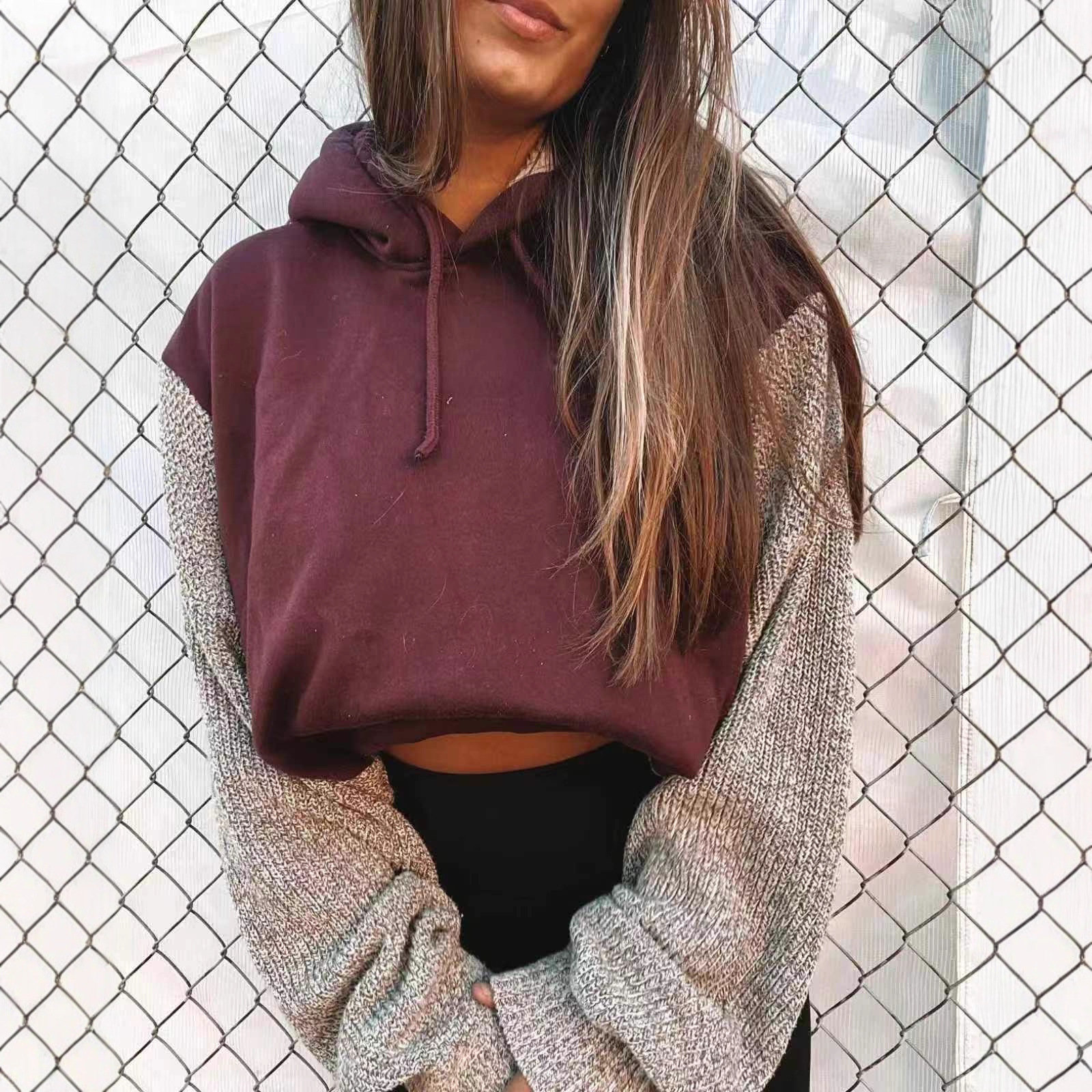 Women's Color-Block Hooded Long-Sleeve Knit Cropped Sweatshirt