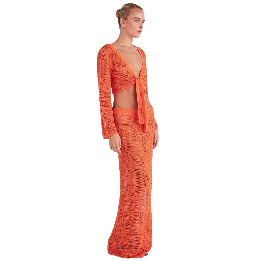 Open-Knit Long-Sleeve Two-Piece Crop Top and Maxi Skirt Set