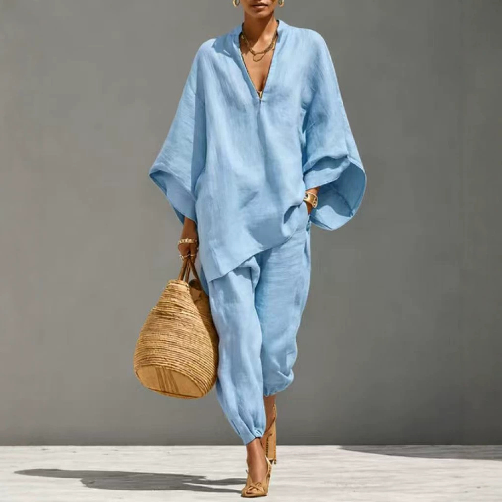 Women's Batwing Sleeve V-Neck Loose Casual Two-Piece Set