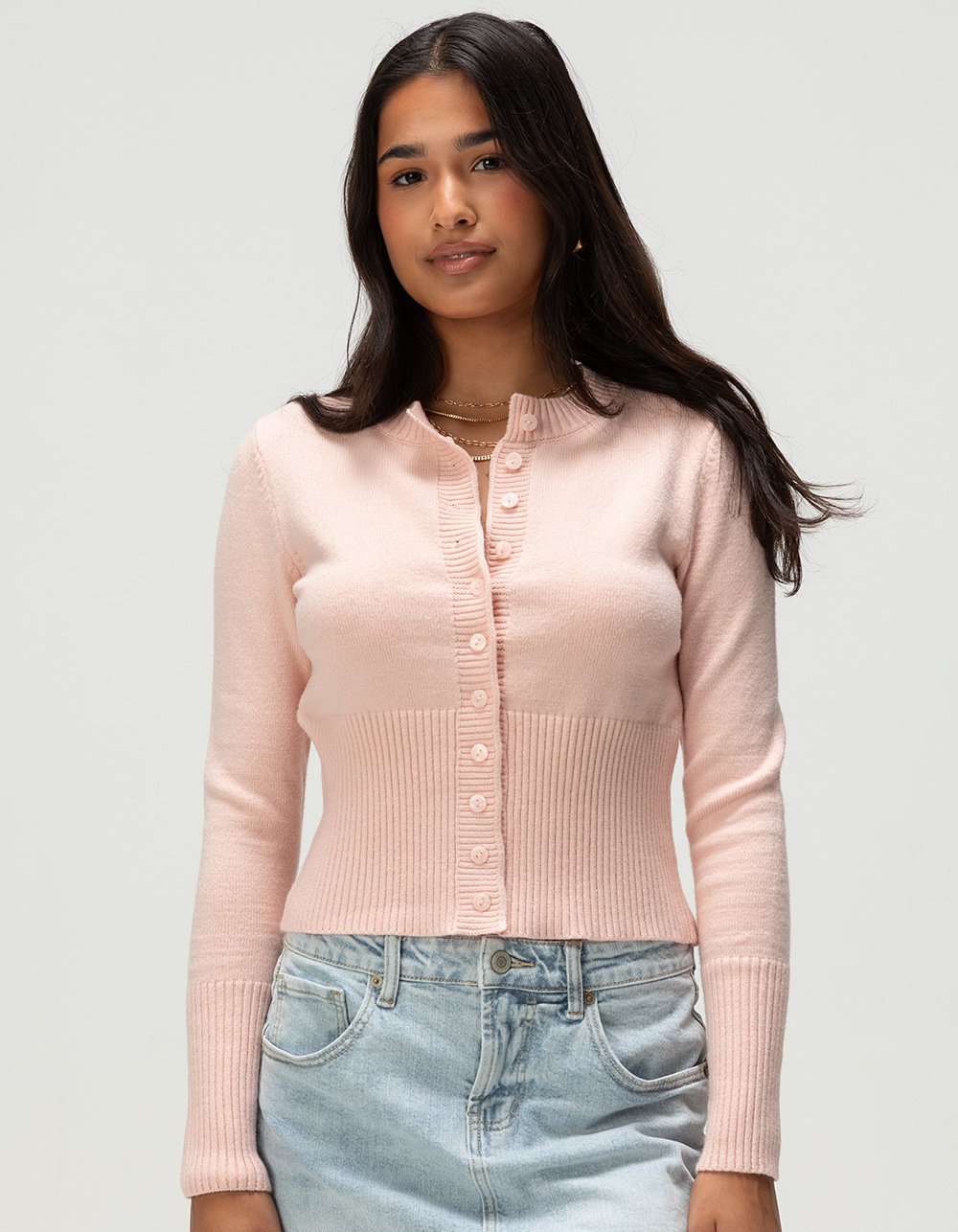 Women's American Retro Solid Crewneck Button-Up Cropped Knit Cardigan Low-Rise Anti-Slip Long Sleeve Top