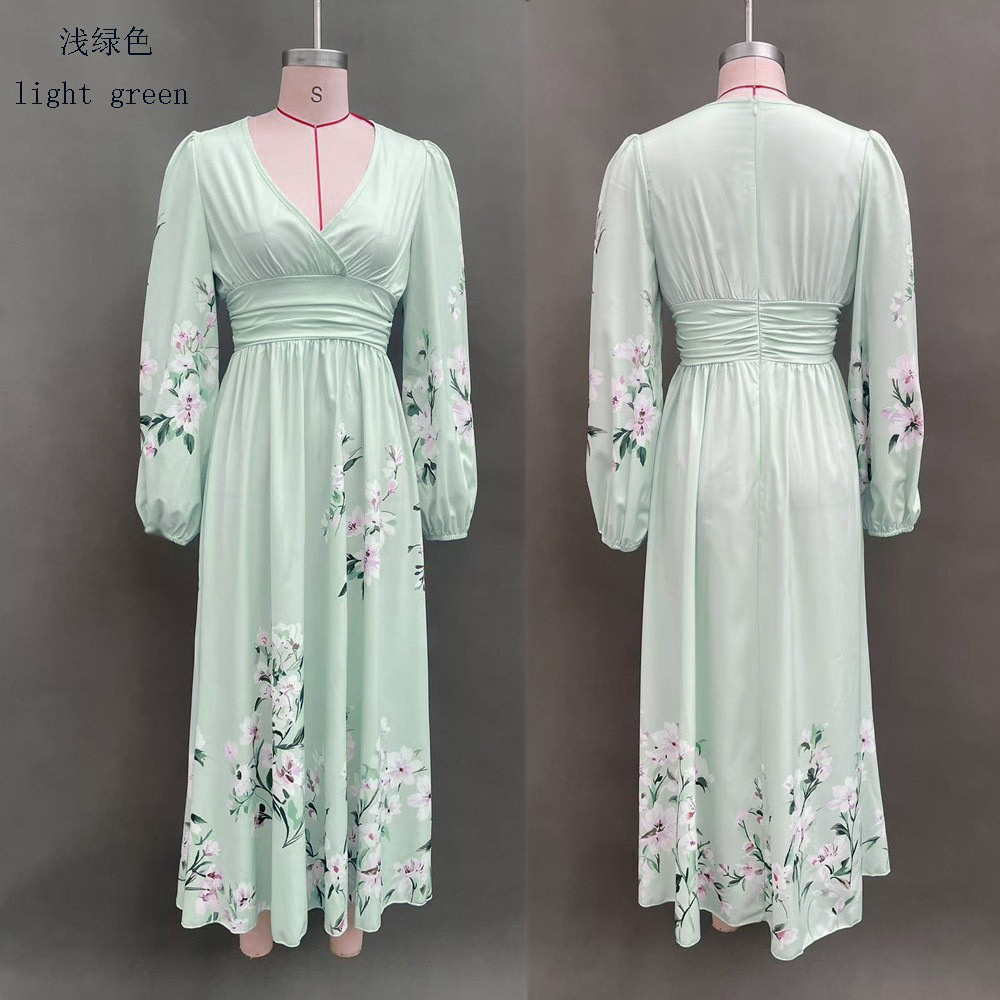 Floral Print V-Neck Pleated Long Sleeve Maxi Dress