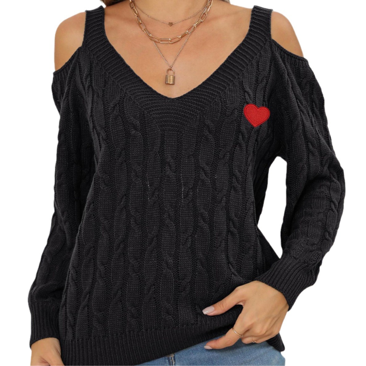 Women's Deep V Off-Shoulder Loose Knit Sweater