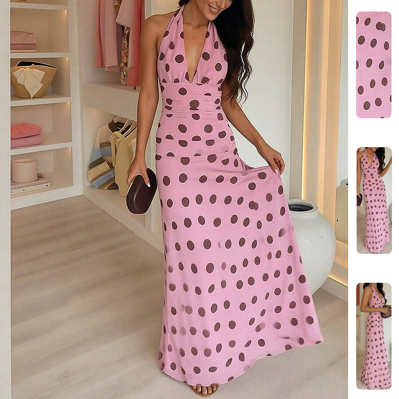 Women's V-Neck Polka Dot Sleeveless Maxi Dress