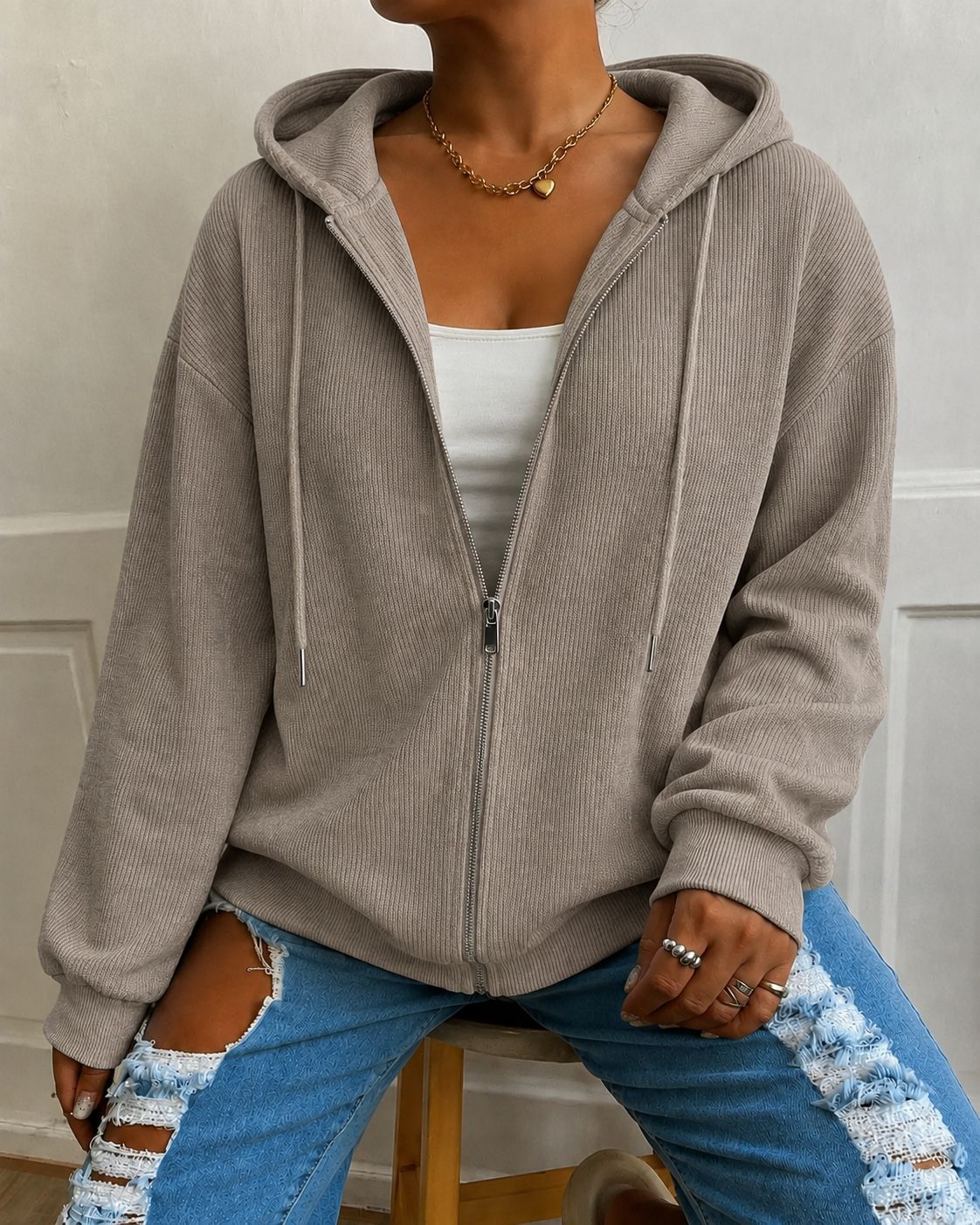 Women's Casual Loose Hooded Zip Knit Cardigan Textured Long Sleeve Outerwear