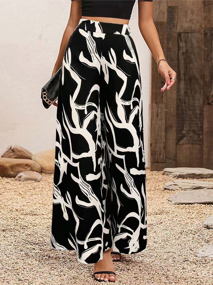 Leaf Print Wide-Leg Casual Pants for Women