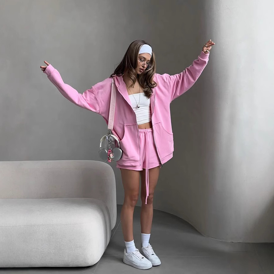 Women's Solid Color Long Sleeve Hooded Drawstring Sweatshirt and Shorts Set