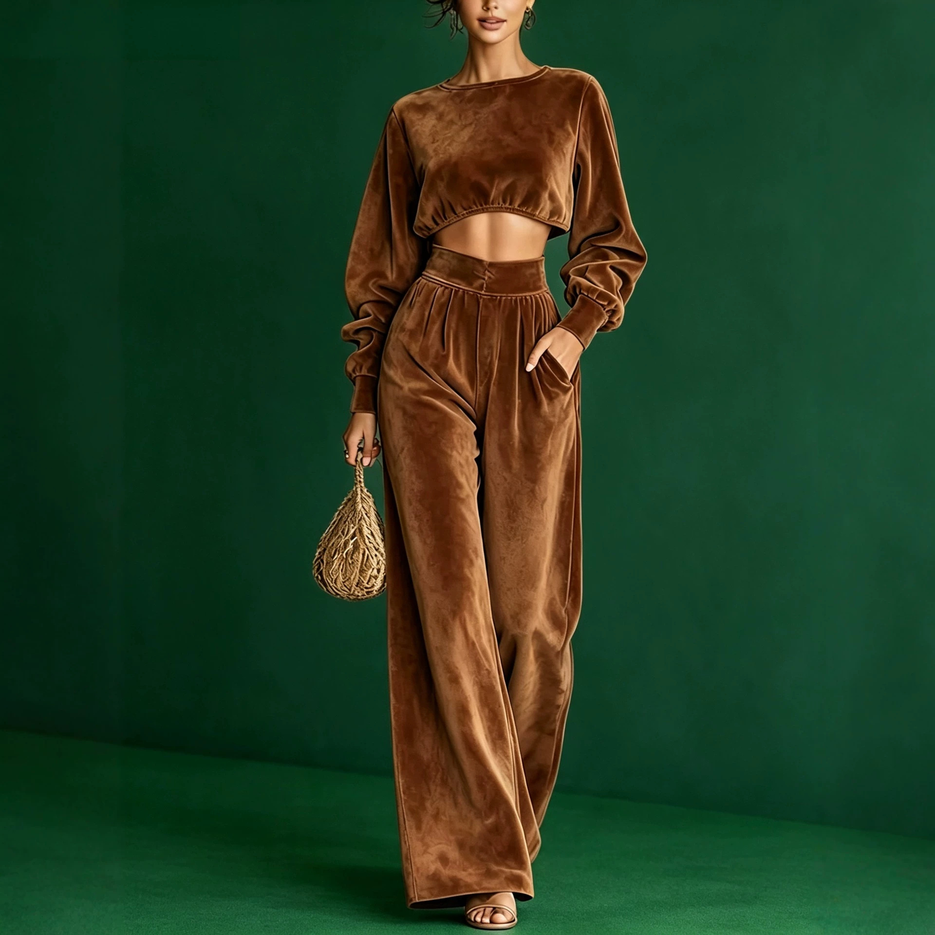Elegant Christmas Two-Piece Set with Cropped Top and Wide-Leg Pants