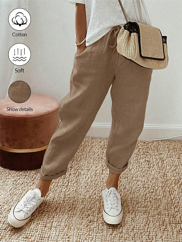 Women's Cotton Linen Cropped Pants with Pockets and Elastic Waist, Loose Casual