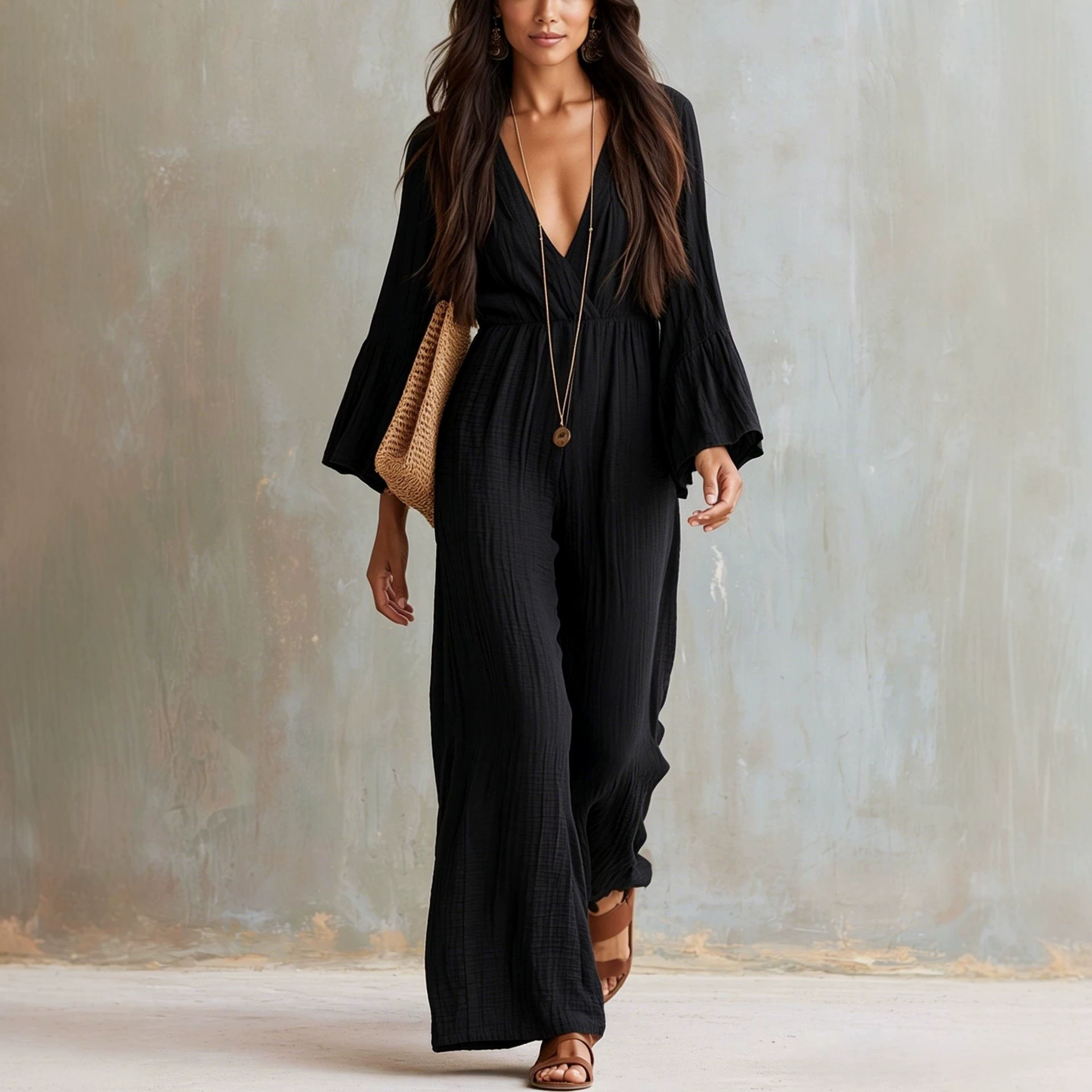Women's Long Sleeve V-Neck Boho Wide Leg Jumpsuit