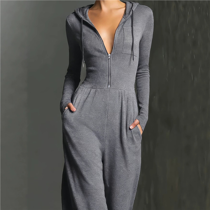 Women's Hooded Zip Wide-Leg Jumpsuit Long Sleeve Slim Fit Stretchy