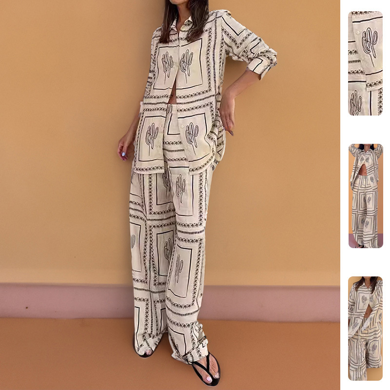 Women's Printed Shirt and Pants Set Casual Vacation Outfit