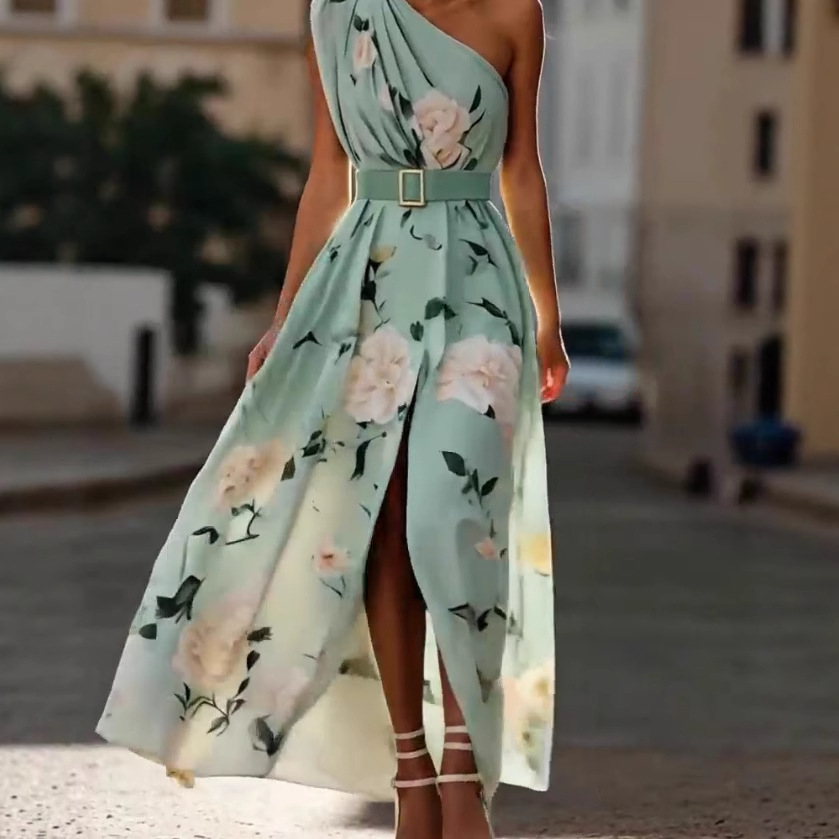 One-Shoulder Floral Print Sleeveless Maxi Dress with Belt