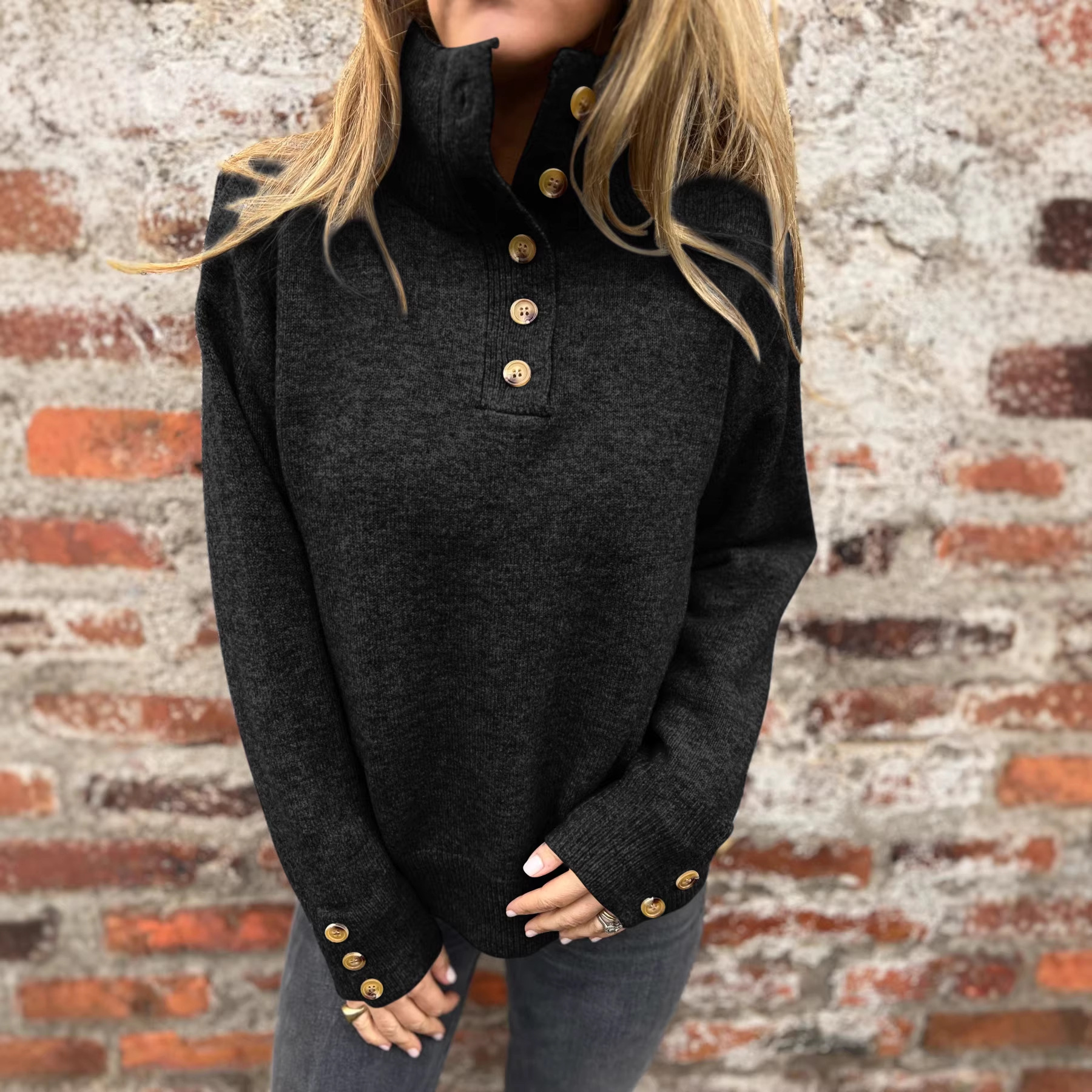 Women's Stand Collar Button Knit Sweater Solid Color Loose Fit