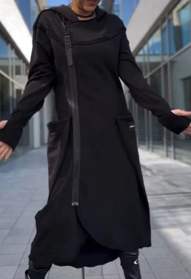 Solid Color Zip Pocket Asymmetrical Long Hoodie for Women