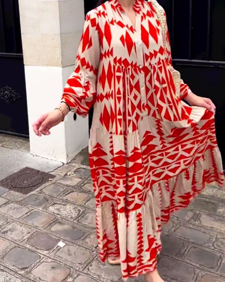 Plus Size Boho Geometric Print V-Neck A-Line Long Dress
