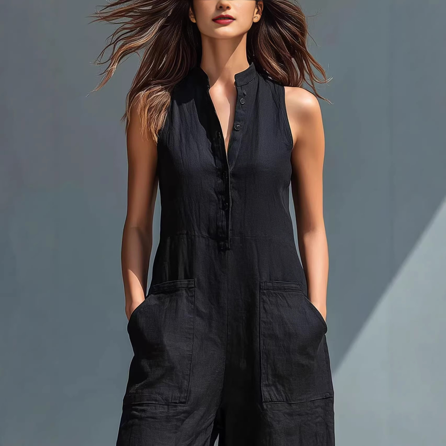 Women's Sleeveless Stand Collar Pocket Jumpsuit