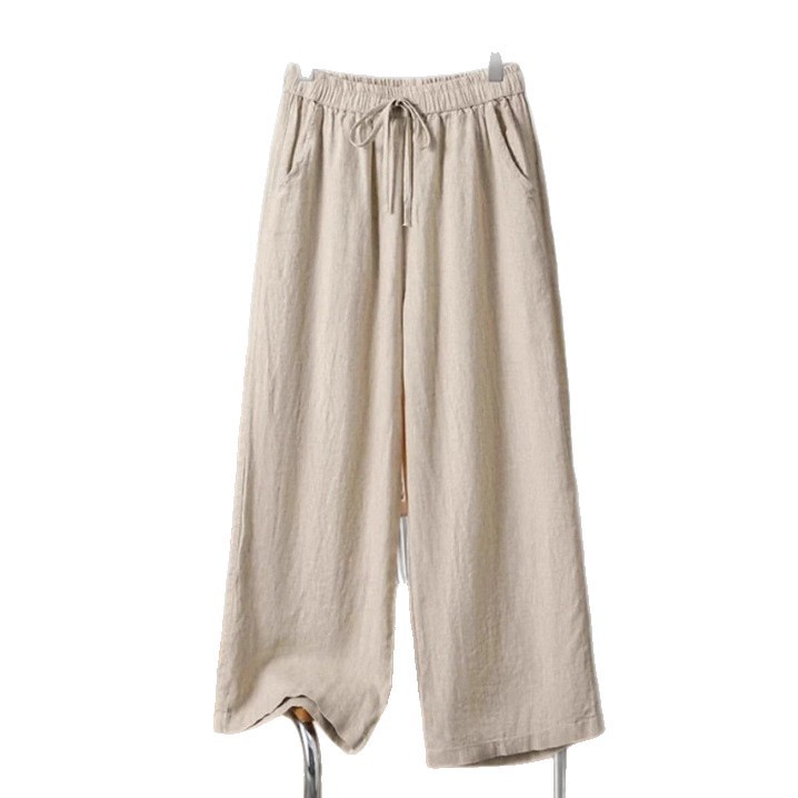 Women's Cotton-Linen Wide-Leg Pants High Waist Drawstring Casual