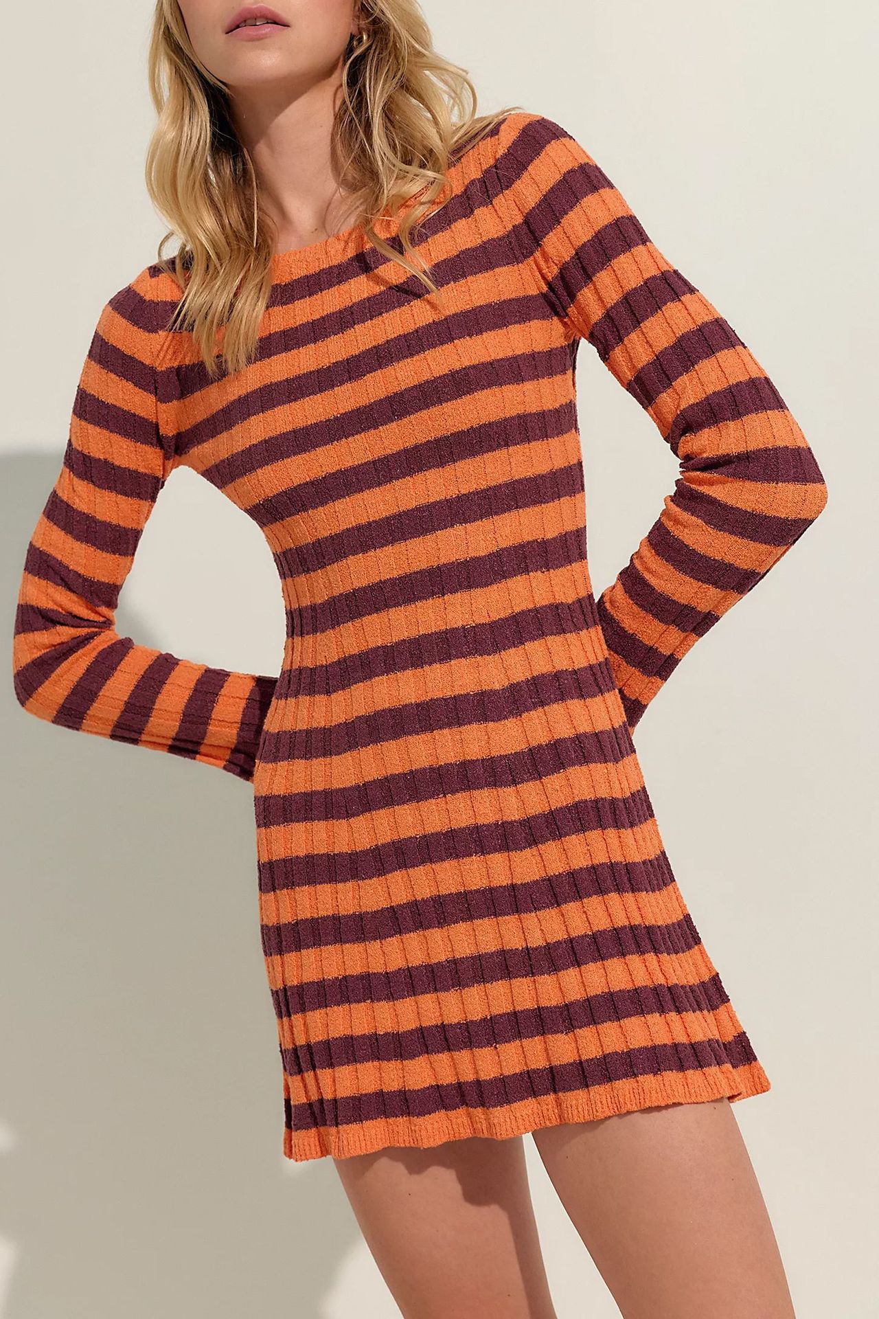 Striped Knit Sweater Dress Crewneck Long Sleeve High Waist