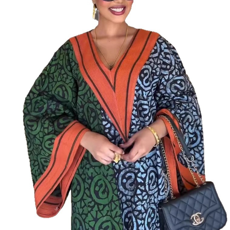 Long Sleeve V-Neck Digital Print Patchwork Maxi Dress